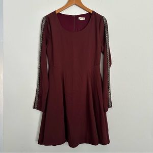 Dark Burgundy Red Long Sleeve A-Line Beaded Dress, Zippered, Size Small